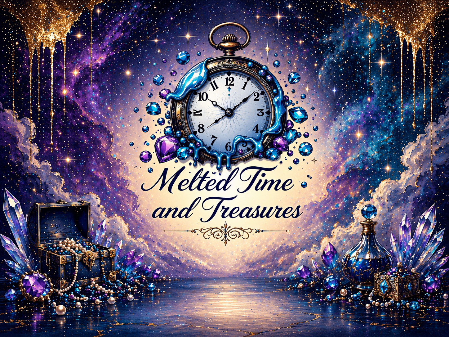 Melted Time and Treasures — mystical melting pocket watch surrounded by gemstones and treasure